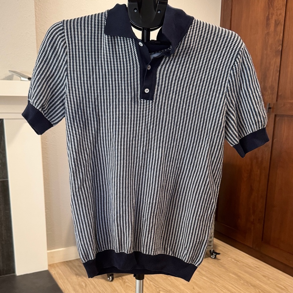 Navy and White Knit Polo Shirt